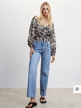 Mango Black & White Ikat Wrap Blouse